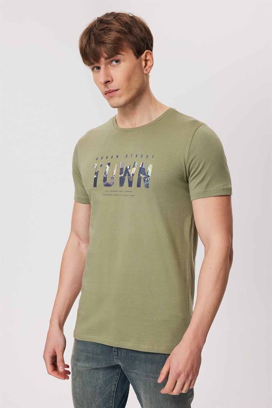 Town Erkek %100 Pamuk O Yaka T-Shirt Açık Haki