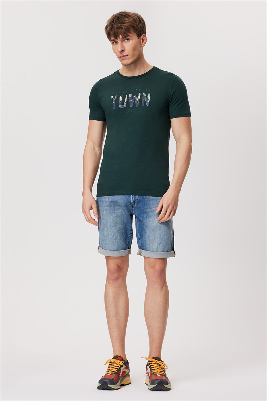 Town Erkek %100 Pamuk O Yaka T-Shirt Koyu Yeşil
