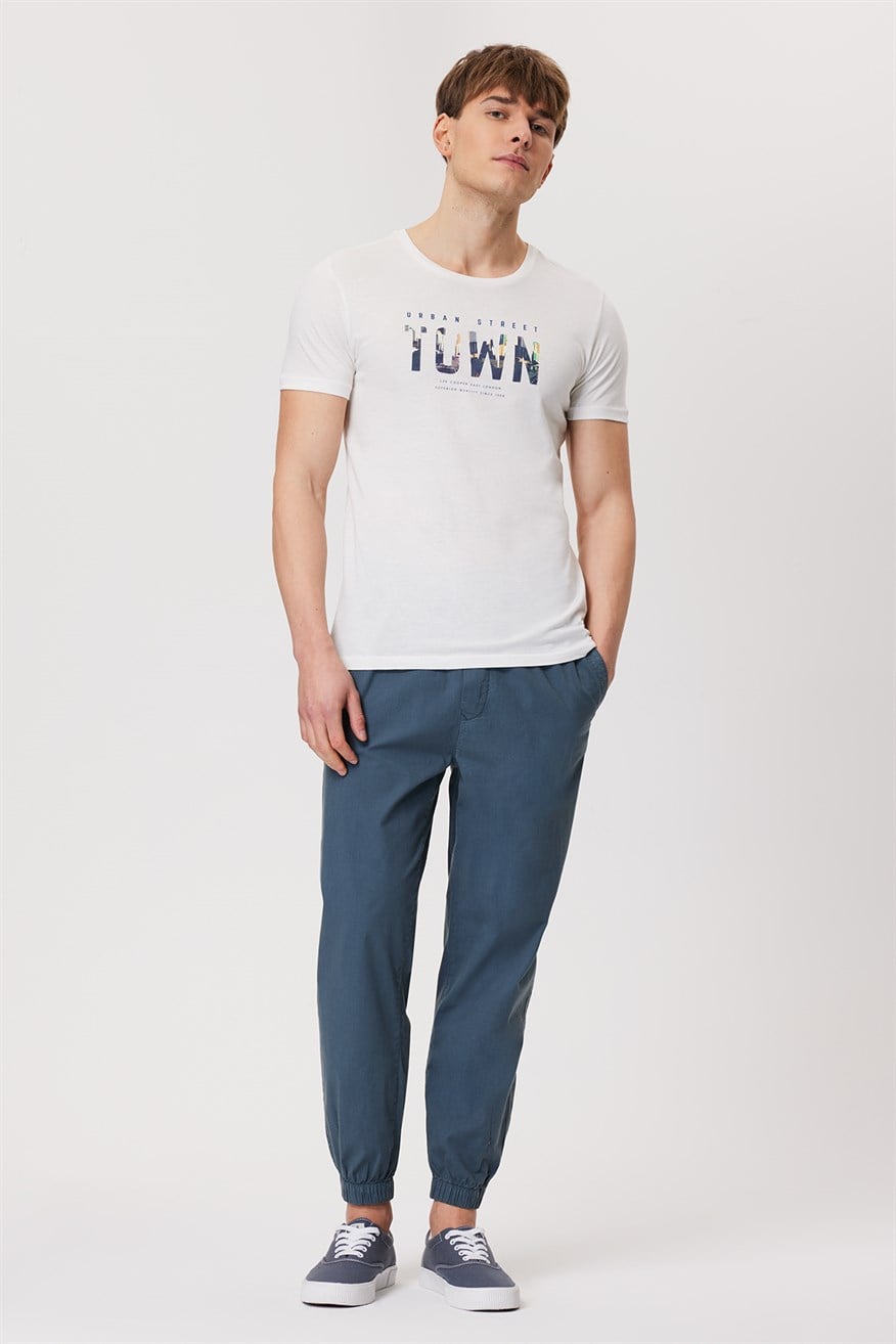 Town Erkek %100 Pamuk O Yaka T-Shirt Off White