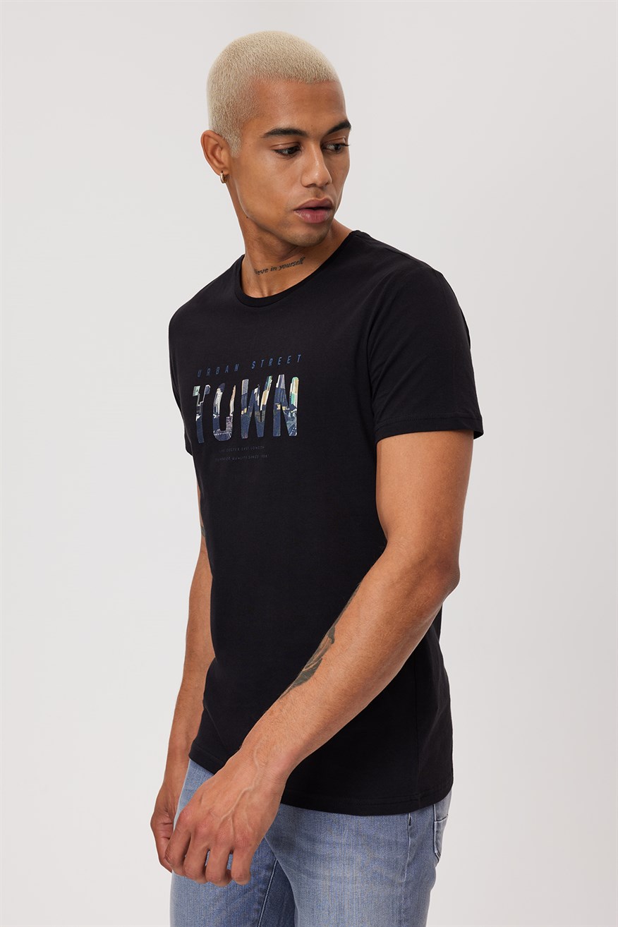 Town Erkek %100 Pamuk O Yaka T-Shirt Siyah
