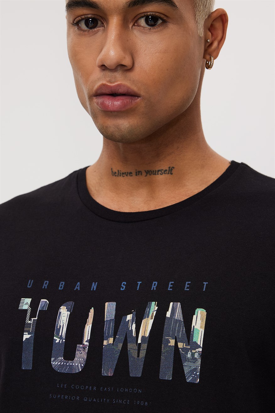 Town Erkek %100 Pamuk O Yaka T-Shirt Siyah