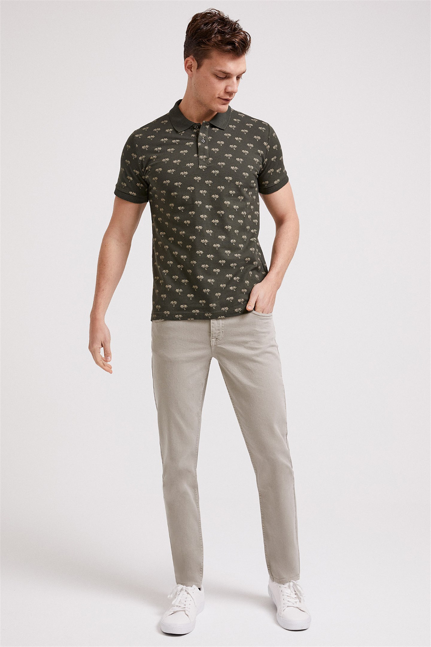 Tree Erkek %100 Pamuk Baskılı Polo Yaka T-Shirt Olive