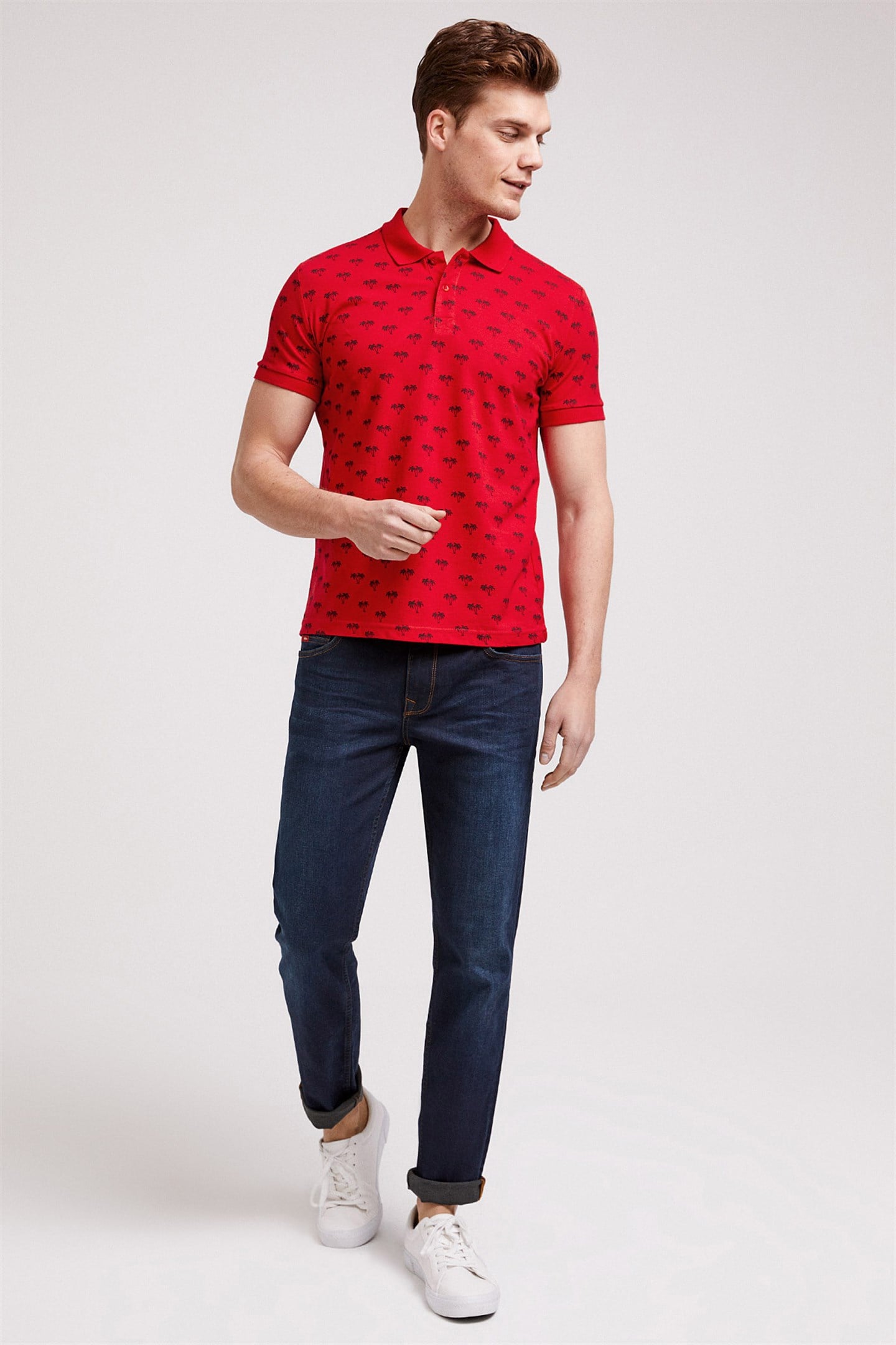 Tree Erkek %100 Pamuk Baskılı Polo Yaka T-Shirt Canlı Kırmızı