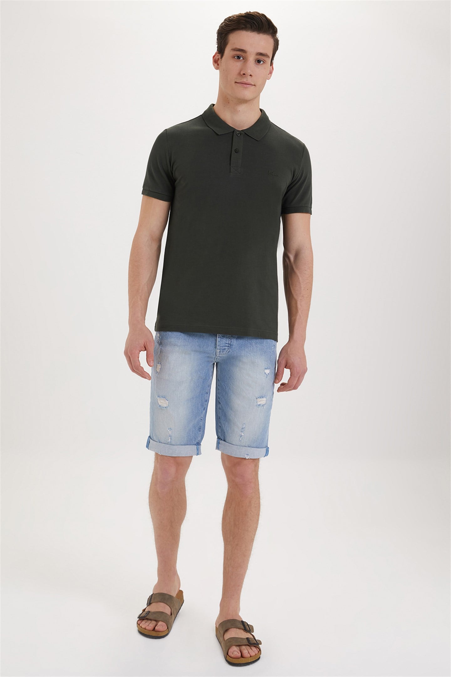 Twins Erkek %100 Pamuk Polo Yaka T-Shirt Olive