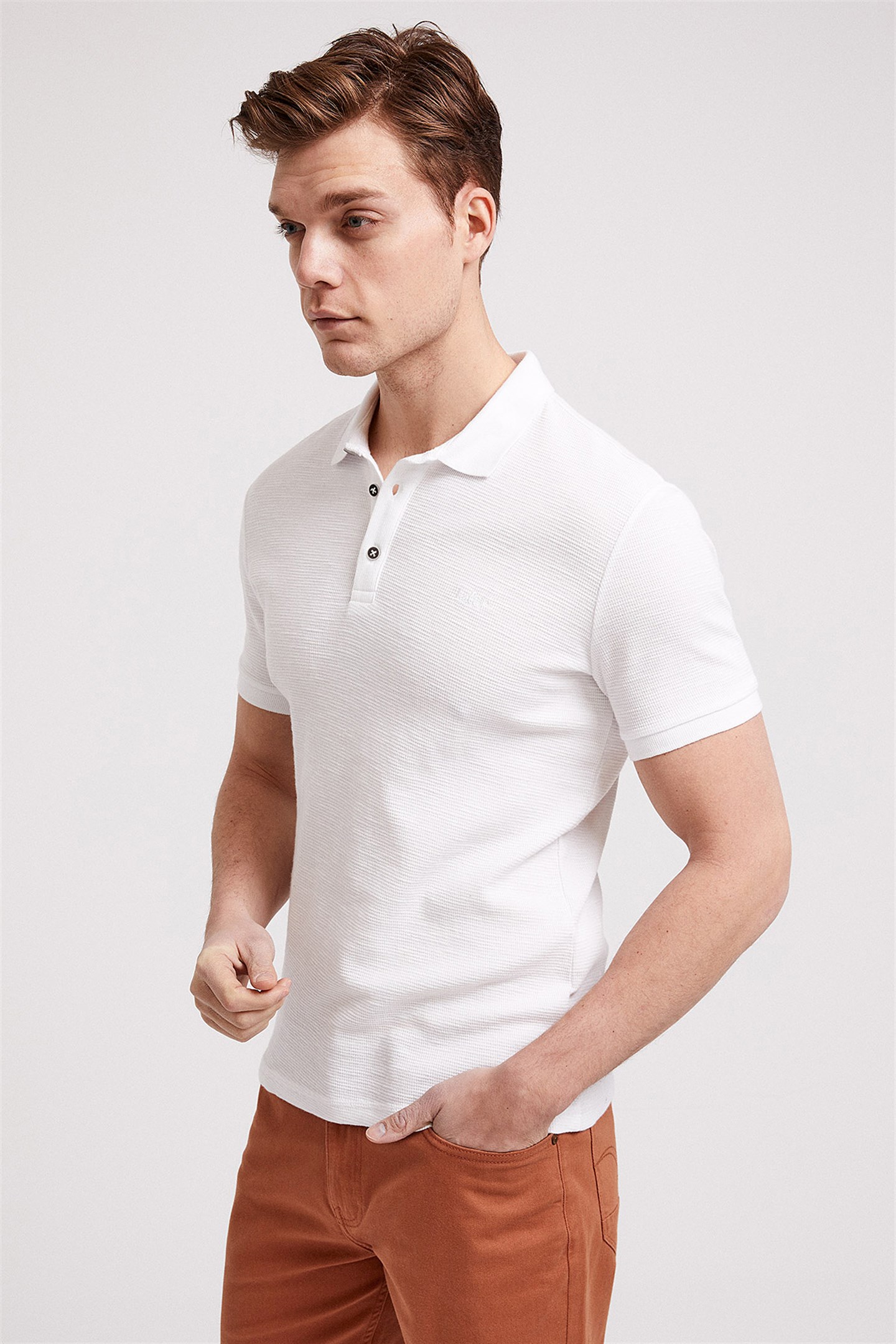 Tylen Erkek %100 Pamuk Polo Yaka T-Shirt Kirik Beyaz