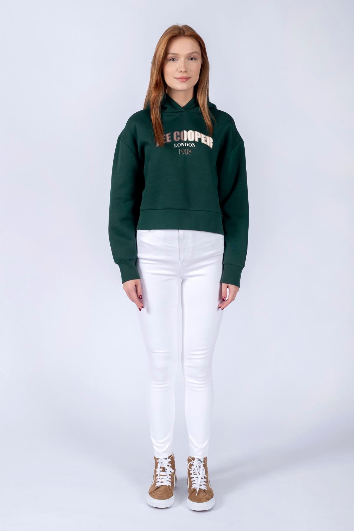 Zaye Kadın %100 Pamuk Kapüşonlu Sweatshirt Zümrüt Yeşili