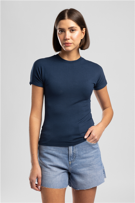 Abel Kadın Basic Bisiklet Yaka T-Shirt Mavi