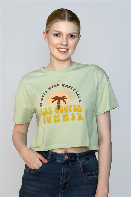 Addy Kadın %100 Pamuk O Yaka T-Shirt Açık Haki