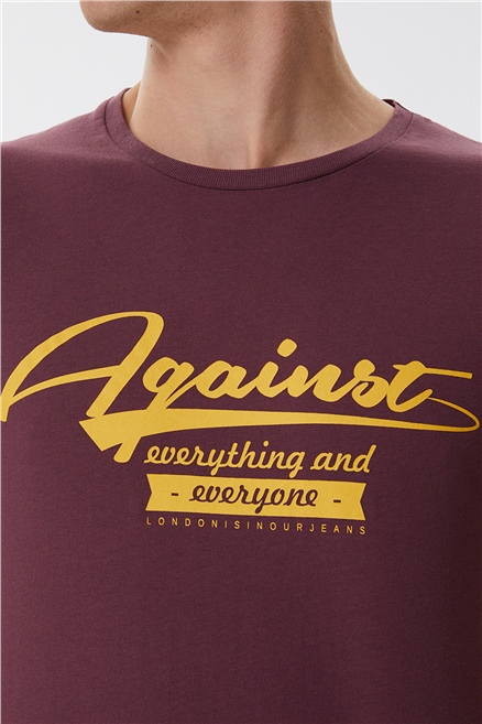 Against Erkek %100 Pamuk Bisiklet Yaka T-Shirt Mürdüm