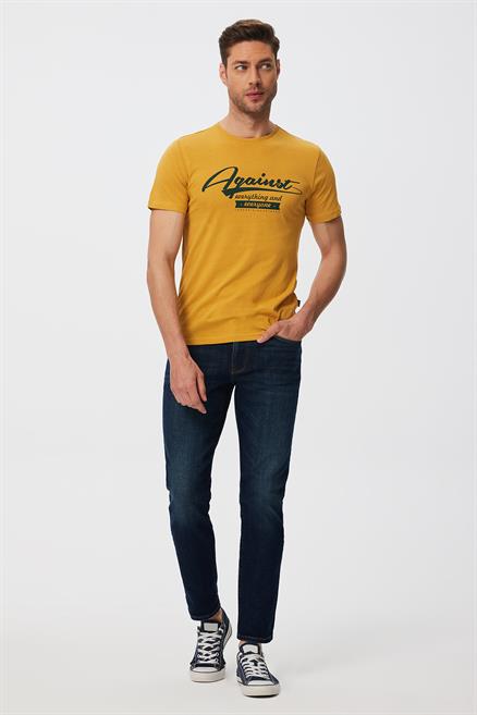 Against Erkek %100 Pamuk O Yaka T-Shirt Safran