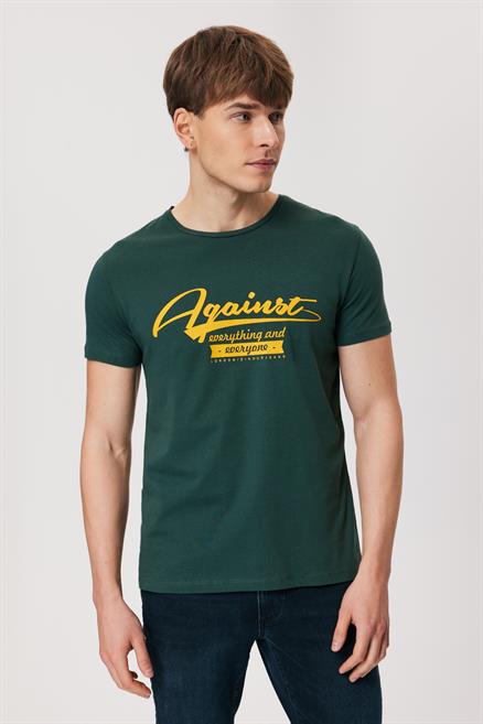 Against Erkek %100 Pamuk O Yaka T-Shirt Yeşil