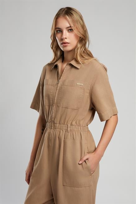 Alia Kadın %100 Pamuk Dokuma Tulum Camel