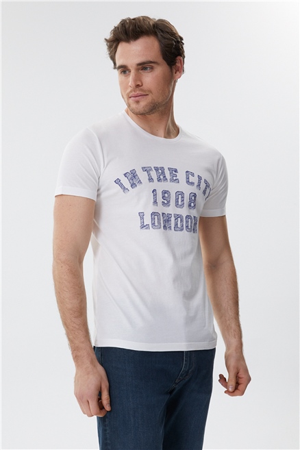Allen Erkek %100 Pamuk Bisiklet Yaka T-Shirt Off White