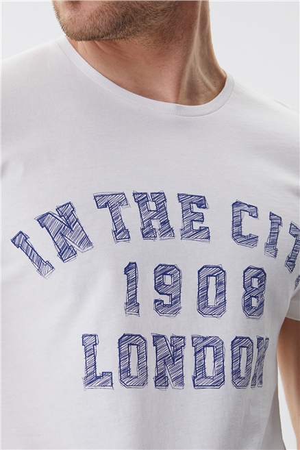 Allen Erkek %100 Pamuk Bisiklet Yaka T-Shirt Off White