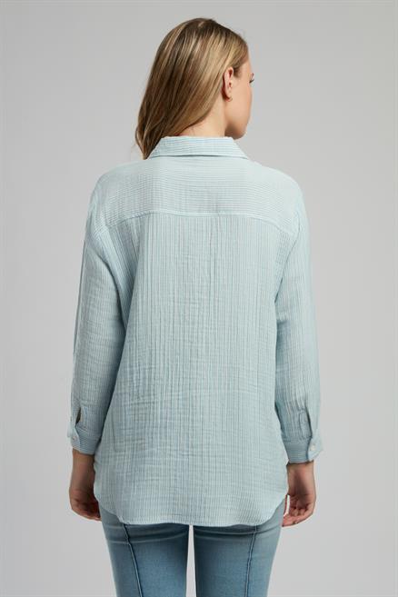 Alma Kadın %100 Pamuk Dokuma Gömlek Mavi-Beyaz Çizgili