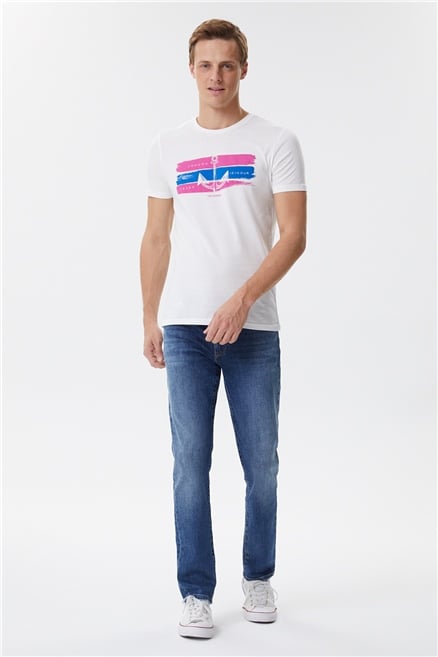 Anches Erkek %100 Pamuk Bisiklet Yaka T-Shirt Off White