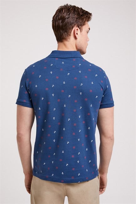 Anchors Erkek %100 Pamuk Baskılı Polo Yaka T-Shirt İndigo