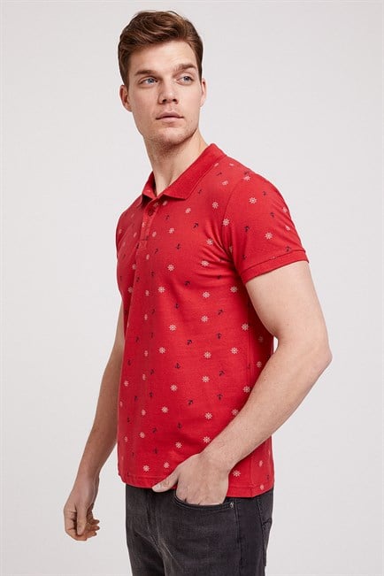 Anchors Erkek %100 Pamuk Baskılı Polo Yaka T-Shirt Kırmızı