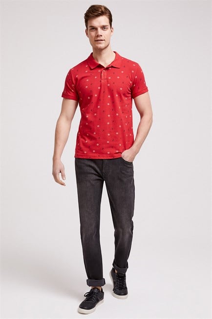 Anchors Erkek %100 Pamuk Baskılı Polo Yaka T-Shirt Kırmızı