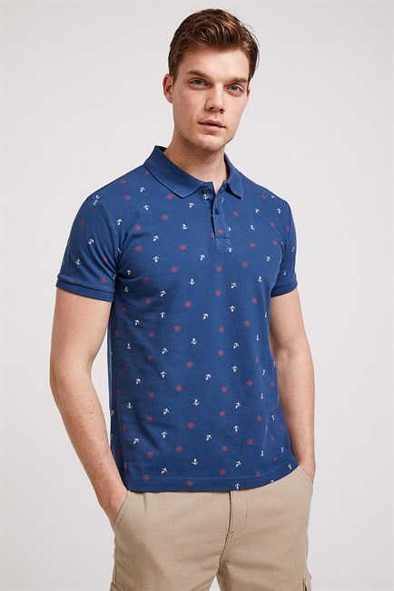 Anchors Erkek %100 Pamuk Baskılı Polo Yaka T-Shirt İndigo