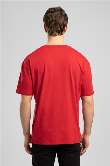 Aylex Erkek Loose %100 Pamuk Baskılı Bisiklet Yaka T-Shirt Kırmızı