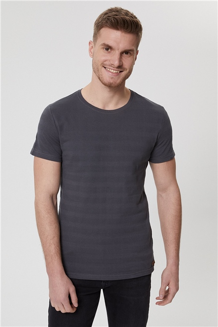 Baines Erkek %100 Pamuk Bisiklet Yaka T-Shirt Koyu Gri