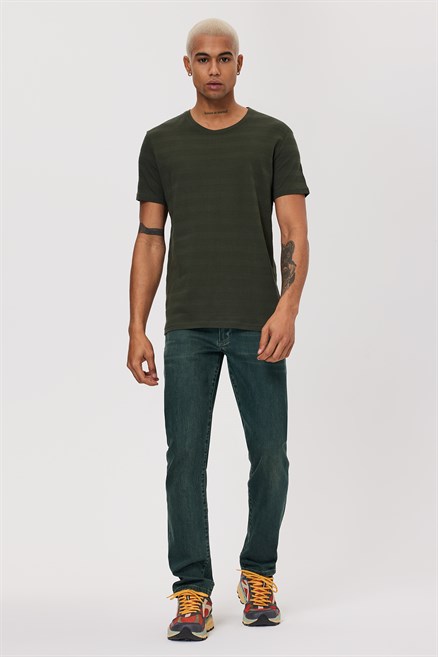 Baines Erkek %100 Pamuk O Yaka T-Shirt Haki