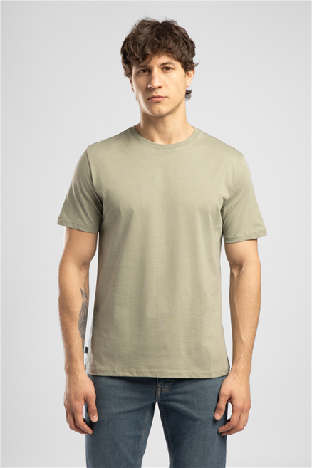 Baselo Erkek Regular Fit %100 Pamuk Basic Bisiklet Yaka T-Shirt Yeşil