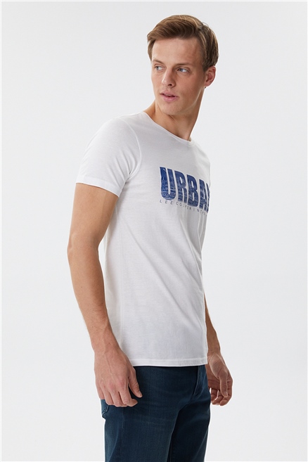 Brendon Erkek %100 Pamuk Bisiklet Yaka T-Shirt Off White