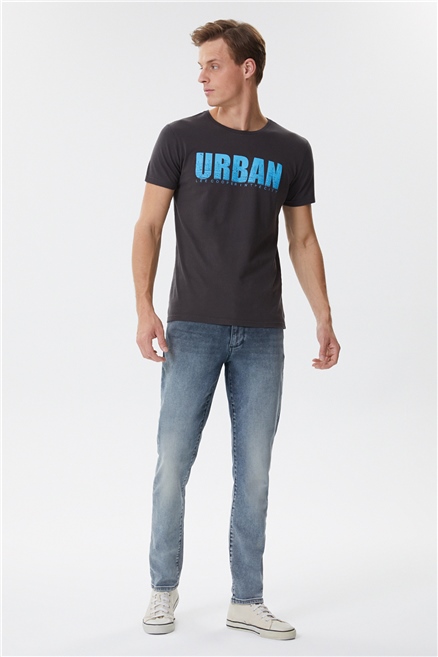 Brendon Erkek %100 Pamuk Bisiklet Yaka T-Shirt Antrasit