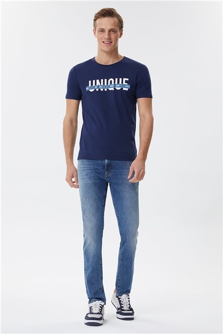 Brice Erkek %100 Pamuk Bisiklet Yaka T-Shirt Açık Lacivert