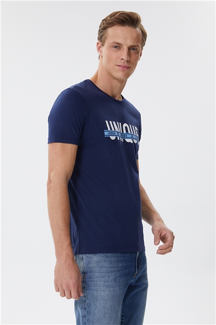 Brice Erkek %100 Pamuk Bisiklet Yaka T-Shirt Açık Lacivert