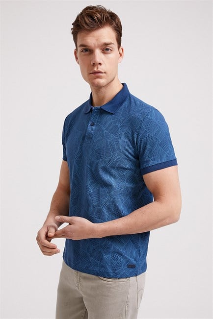 Caesar Erkek %100 Pamuk Baskılı Polo Yaka T-Shirt İndigo