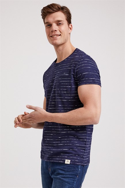 Caley Erkek %100 Pamuk Bisiklet Yaka T-Shirt Lacivert Çizgili