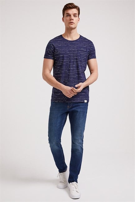 Caley Erkek %100 Pamuk Bisiklet Yaka T-Shirt Lacivert Çizgili