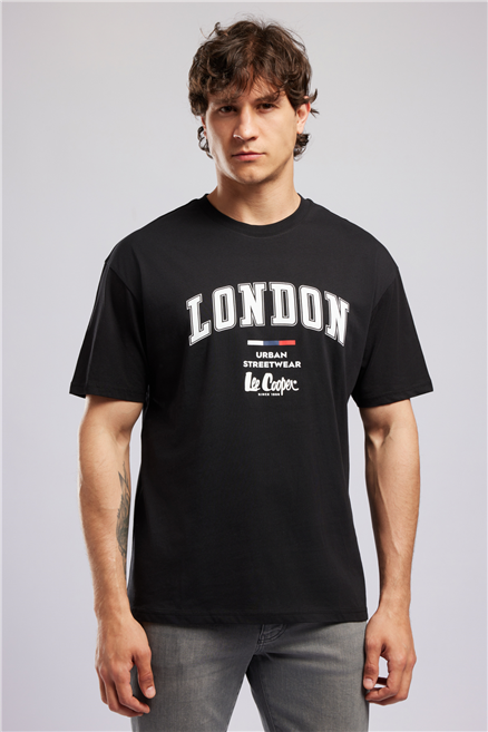 CLIFF Erkek Loose %100 Pamuk Baskılı Bisiklet Yaka T-Shirt Siyah