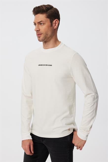Deny Erkek %100 Pamuk Uzun Kol T-Shirt Kirik Beyaz 