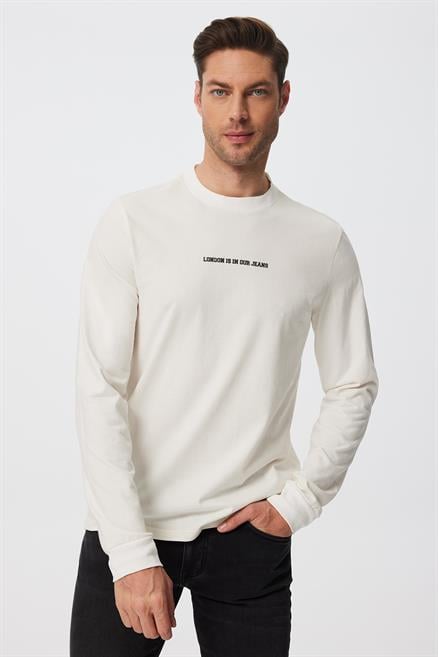 Deny Erkek %100 Pamuk Uzun Kol T-Shirt Kirik Beyaz 