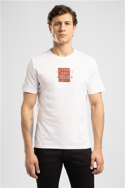 Dorer Erkek Regular Fit %100 Pamuk Baskılı Bisiklet Yaka T-Shirt Beyaz