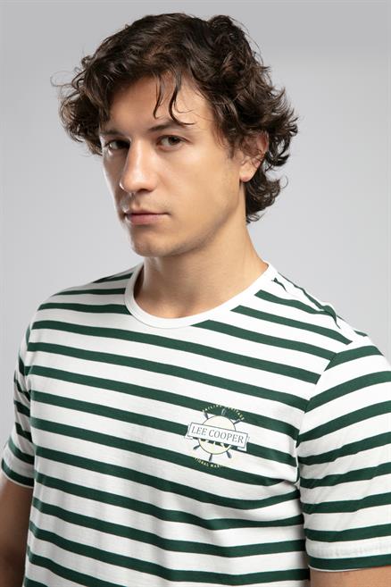 Eddy Erkek %100 Pamuk O Yaka T-Shirt Ekru-Zümrüt Çizgili