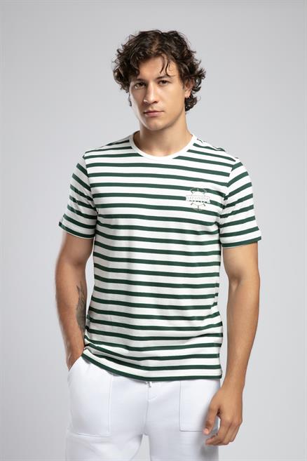 Eddy Erkek %100 Pamuk O Yaka T-Shirt Ekru-Zümrüt Çizgili