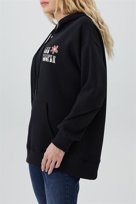 Ella Kadın %100 Pamuk Kapüşonlu Sweatshirt Siyah