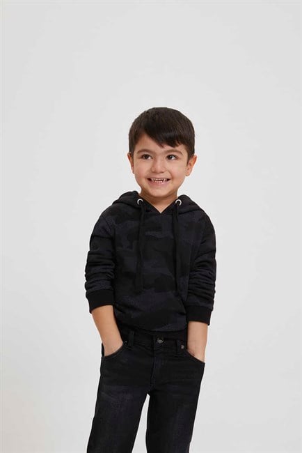 Faxon Erkek Çocuk %100 Pamuk Kapüşonlu Sweatshirt Siyah Kamuflaj