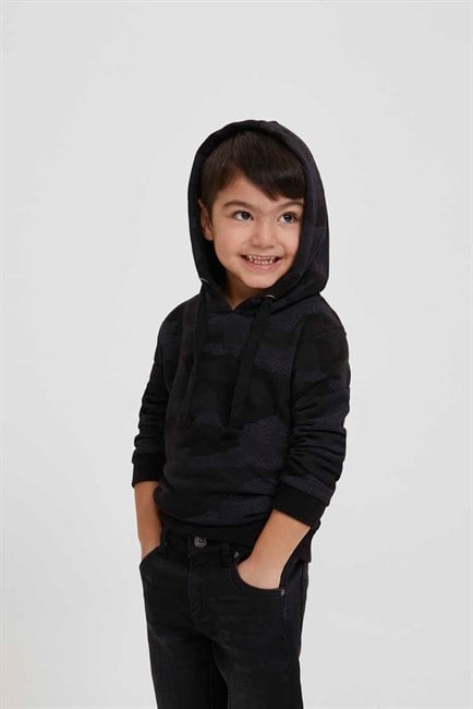 Faxon Erkek Çocuk %100 Pamuk Kapüşonlu Sweatshirt Siyah Kamuflaj