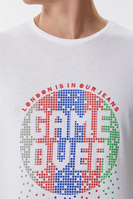 Gameover Erkek %100 Pamuk Bisiklet Yaka T-Shirt Beyaz