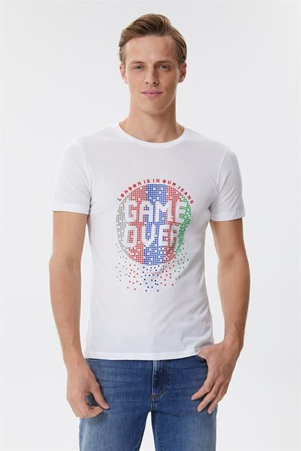 Gameover Erkek %100 Pamuk Bisiklet Yaka T-Shirt Beyaz