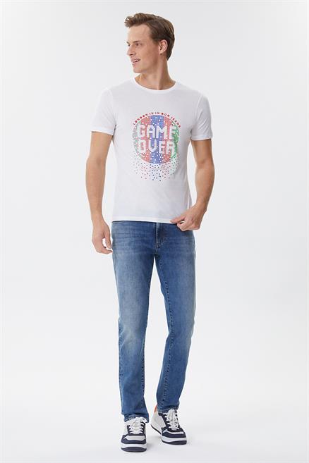 Gameover Erkek %100 Pamuk Bisiklet Yaka T-Shirt Beyaz