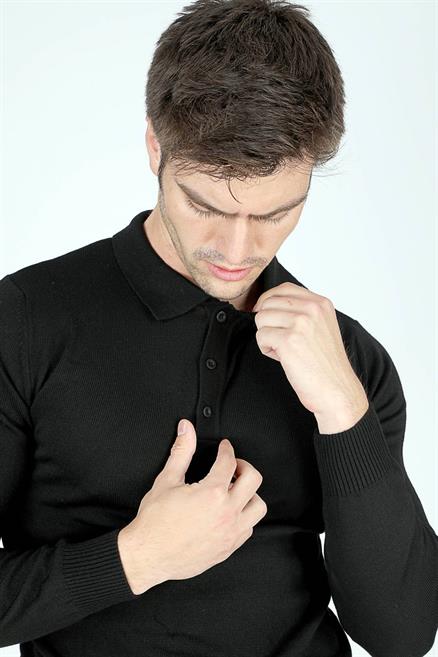 Gino Erkek Polo Yaka Triko Kazak Siyah
