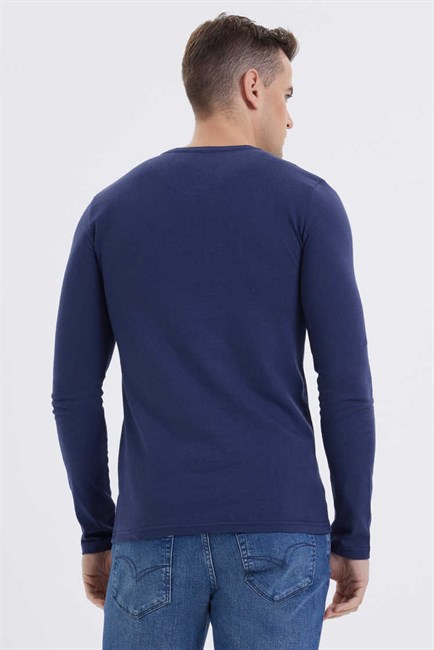 Grandad Erkek %100 Pamuk Bisiklet Yaka Patli Sweatshirt Lacivert