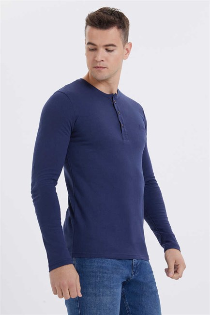 Grandad Erkek %100 Pamuk Bisiklet Yaka Patli Sweatshirt Lacivert